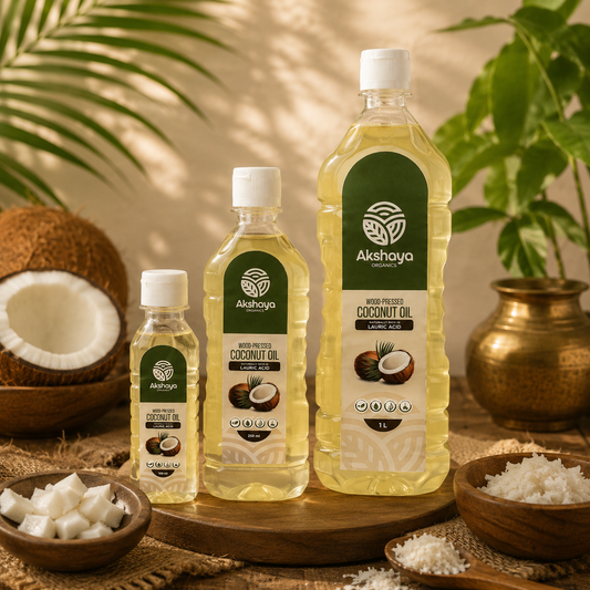 Akshaya Wood-Pressed Coconut Oil bottles 200ml, 500ml and 1L with fresh coconut