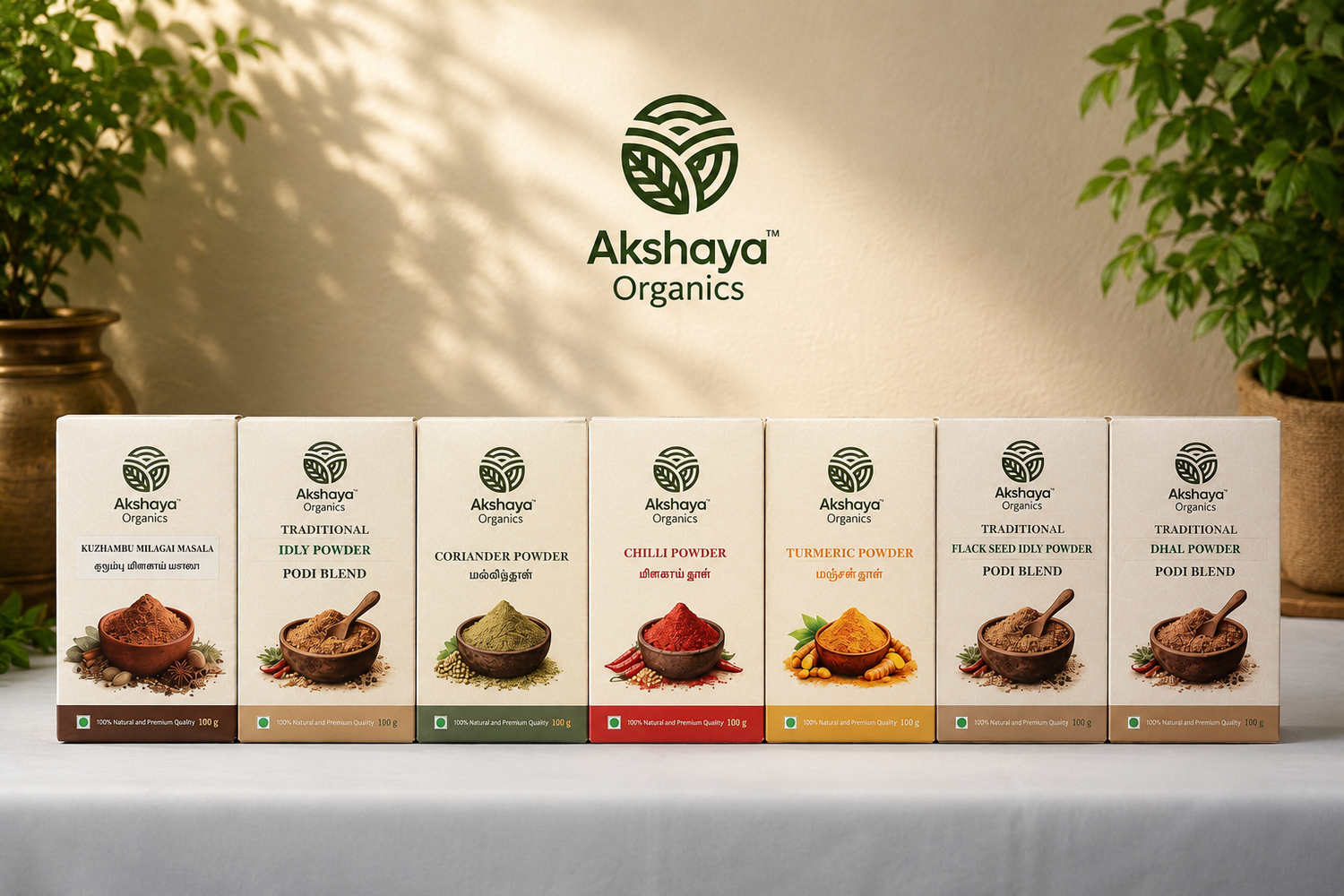 Akshaya Organics masalas and podi powders