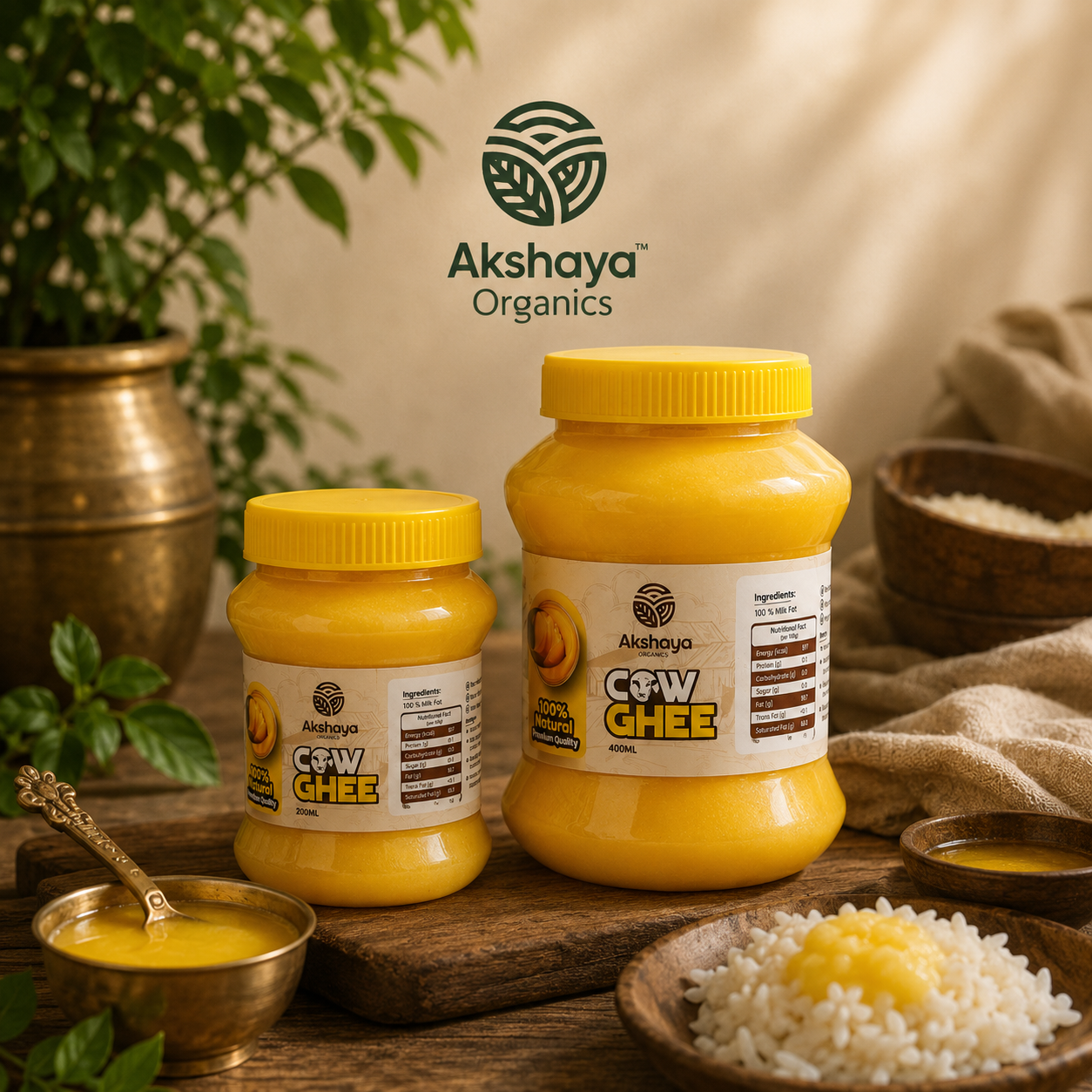Akshaya Cow Ghee lifestyle shot with ghee bowl and rice