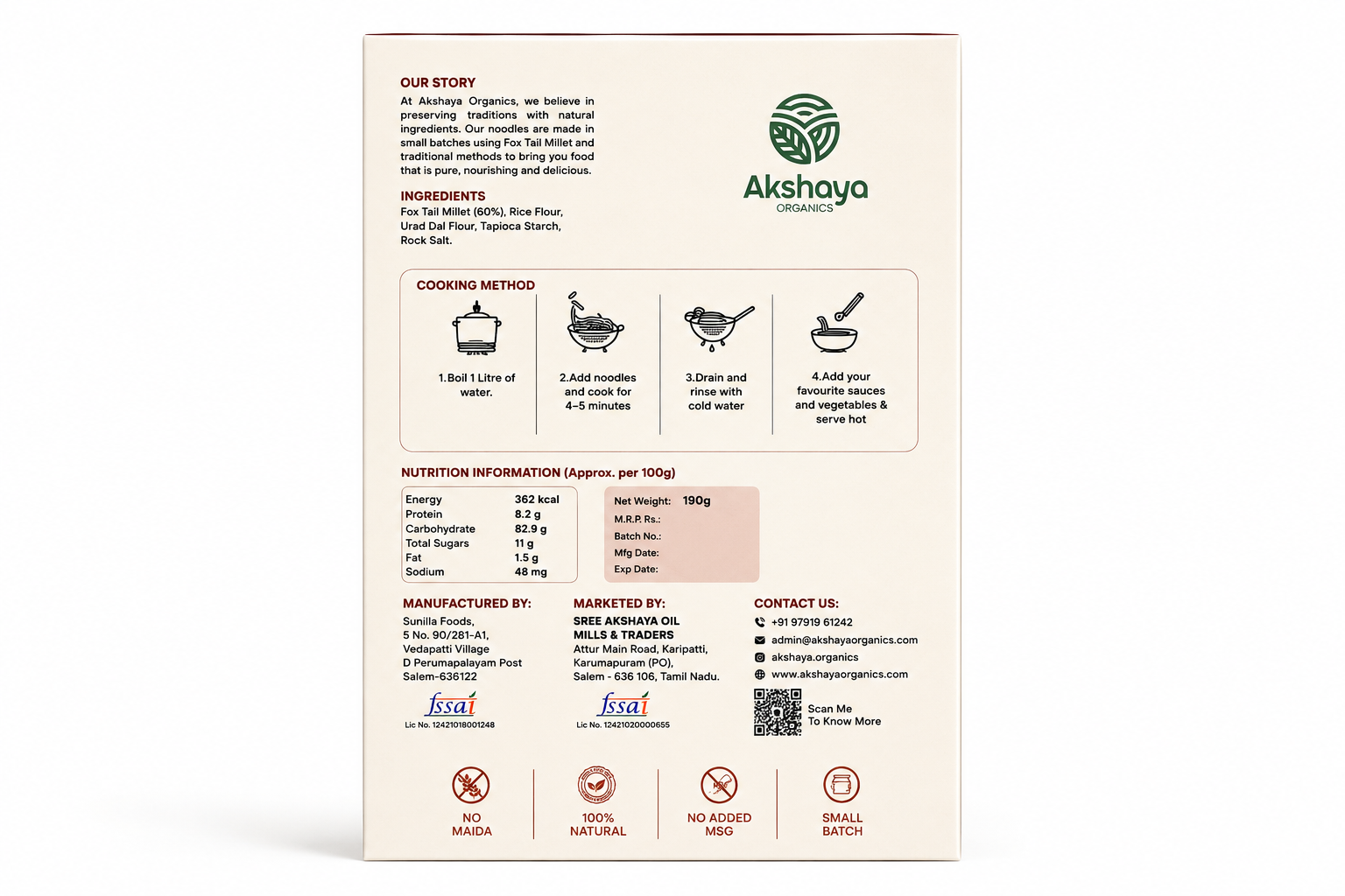 Akshaya Fox Tail Millet Noodles ingredients and nutrition panel