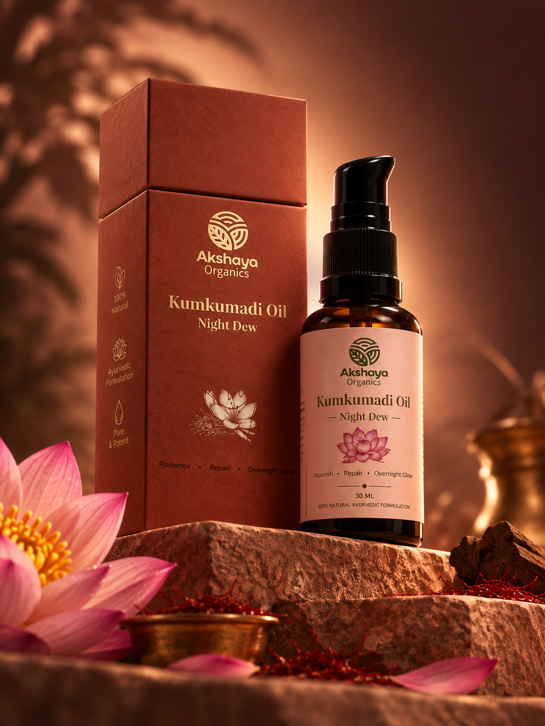 Akshaya Kumkumadi Oil Night Dew 30 ml amber pump bottle beside its terracotta box