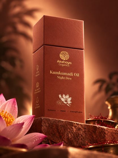 Akshaya Kumkumadi Oil Night Dew gift box with lotus and saffron threads