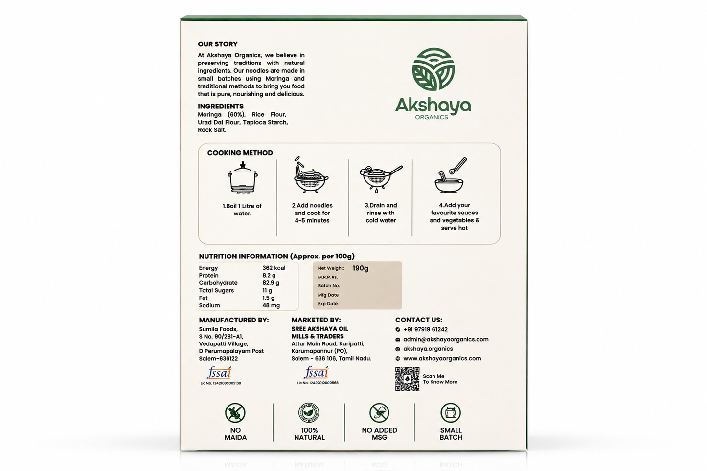 Akshaya Moringa Noodles ingredients and nutrition panel