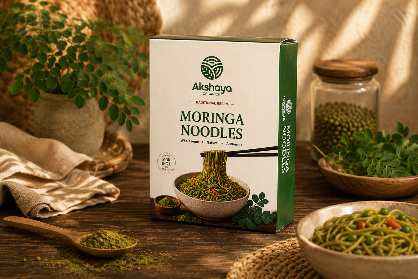 Akshaya Moringa Noodles with fresh moringa leaves